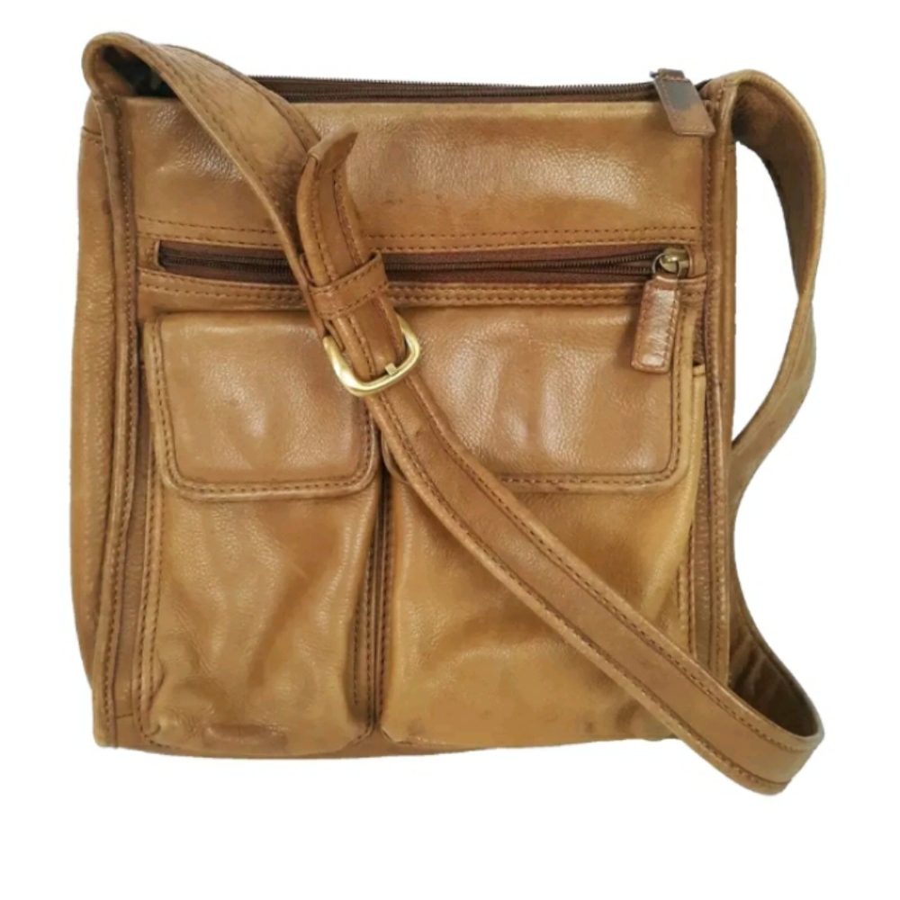 Vintage Fossil Leather Handbag Adjustable Strap Rectangular Messenger Style Tan